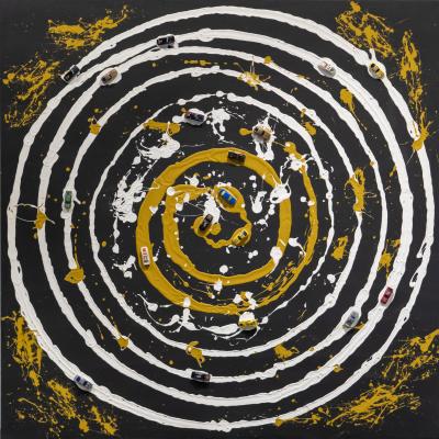 © Armand Vaillancourt / SOCAN (2021). Course infernale (détail) 1998. Acrylique sur toile et petites voitures. 173 x 173 cm. Collection Alexis Vaillancourt. Photo © Domrob